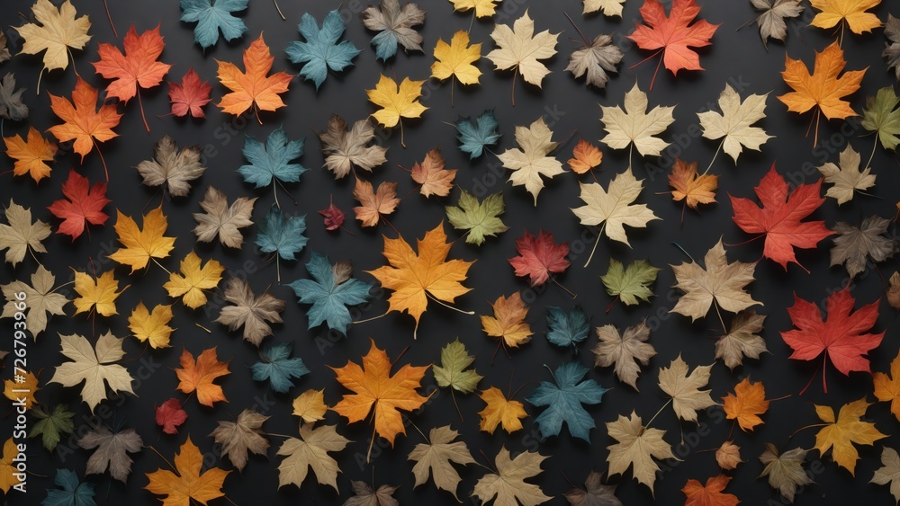 Autumnal plant leaves in different shapes and colors lined up next to each other