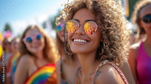 A beautiful and happy woman with LGBT colors at the LGBT parade