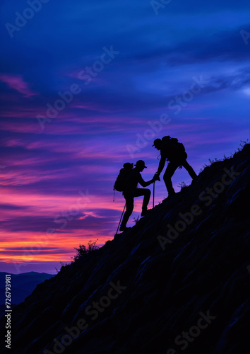 Silhouette of two climbers helping each other on top of a mountain, dramatic sky backdrop