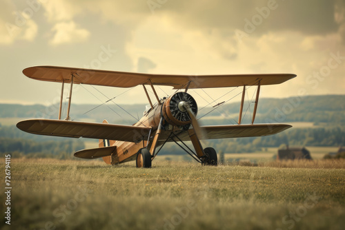 vintage biplane taking off from a grass runway. The pilot is wearing a leather helmet and goggles, and there are barns and fields in the background photo