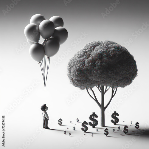 Minimal Reflection: Little Man Contemplating with Hanging Balloon and Ground Money Tree