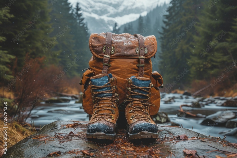 Amidst the tranquil embrace of nature, a solitary backpack and boots rest on a rugged rock, overlooking the glistening river and majestic mountains in the distance Amidst the tranquil embrace of nature, a solitary backpack and boots rest on a rugged rock, overlooking the glistening river and majestic mountains in the distance