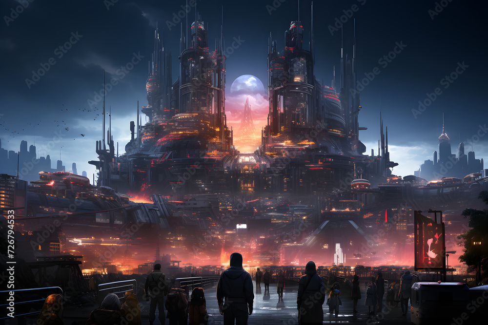Fototapeta premium Futuristic urban city on another planet. Generative AI illustration