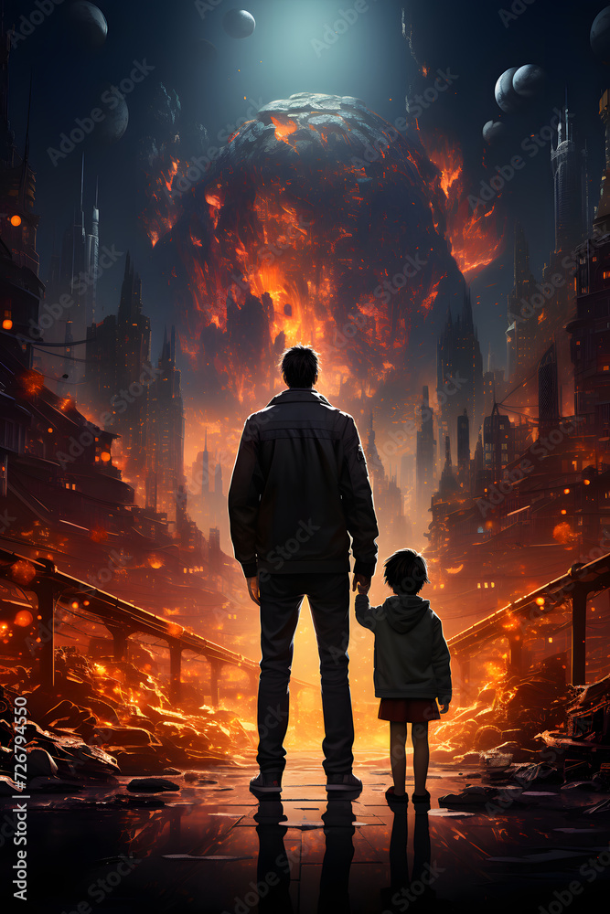 A man and a small child stand before a completely destroyed world. The concept of apocalypse and the end of the world
