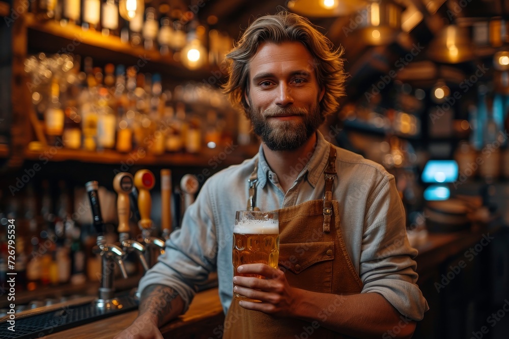 A man savors the crisp taste of his beer, his human face lit up with contentment as he stands among the lively atmosphere of a bustling pub, his stylish clothing reflecting the indoor lighting, while