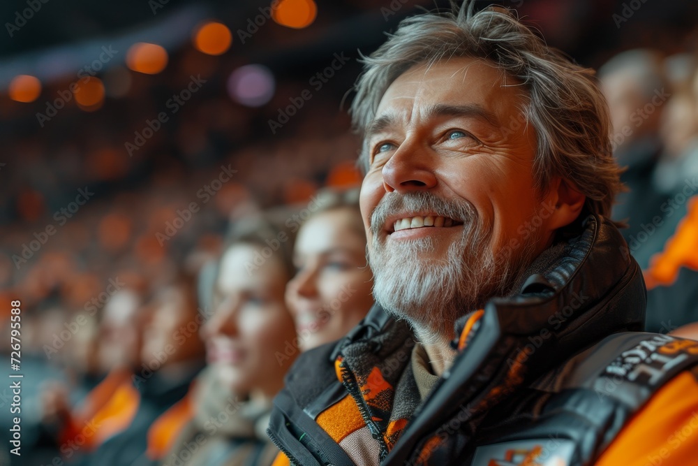 A man's infectious smile stands out amidst a sea of human faces, his confident clothing and warm expression making him the center of attention in the bustling crowd A man's infectious smile stands out amidst a sea of human faces, his confident clothing and warm expression making him the center of attention in the bustling crowd