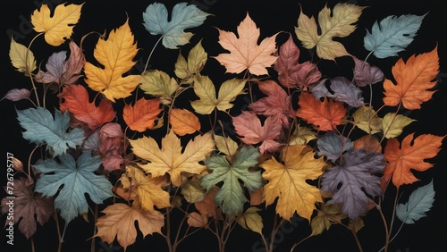 Autumnal plant leaves in different shapes and colors lined up next to each other photo