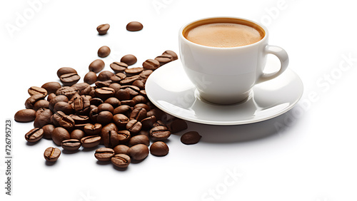 Cup of arabica coffee, with arabica coffee beans, solid white background.