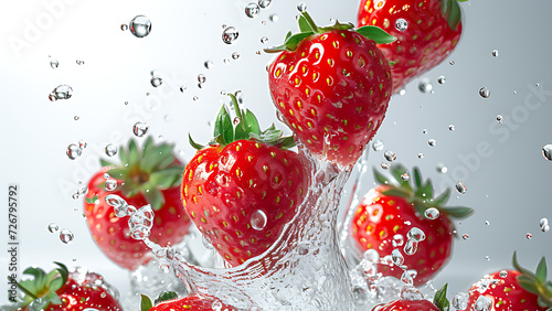 Pink strawberries with water splashes, white background.