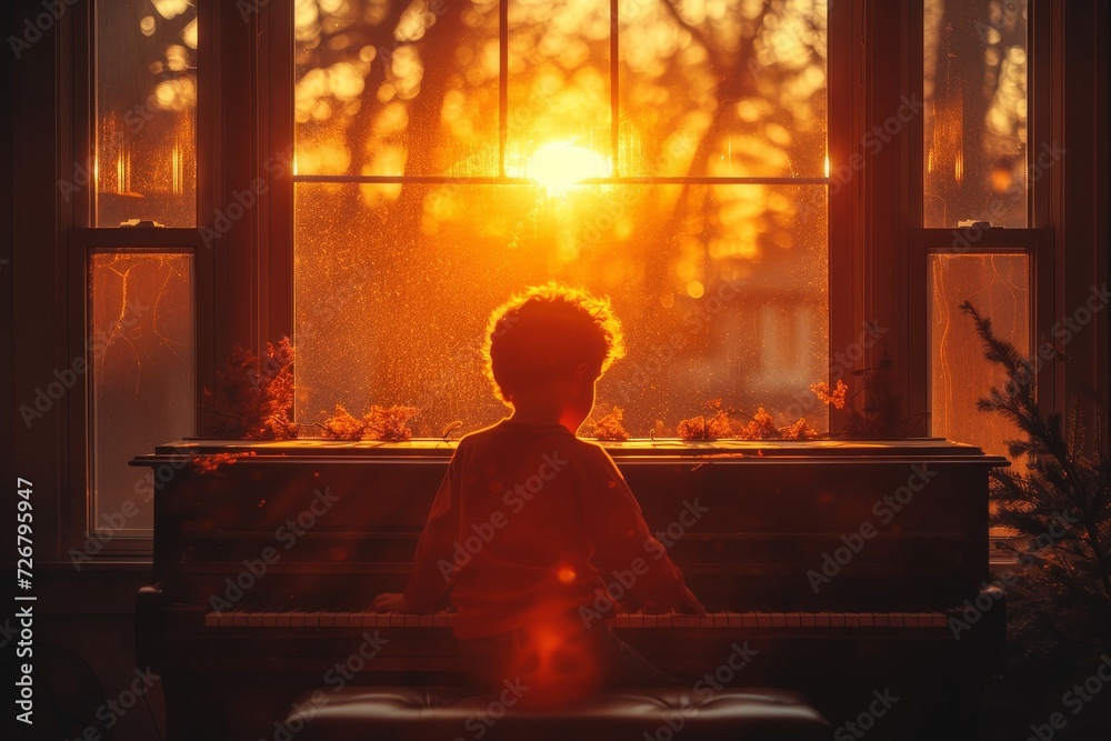 A young musician bathed in sunlight as they serenade the world from the comfort of their indoor bench by the window A young musician bathed in sunlight as they serenade the world from the comfort of their indoor bench by the window