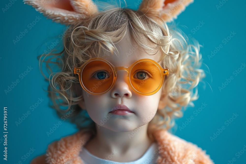 A playful child brings their toy bunny to life with vibrant yellow glasses and whimsical bunny ears