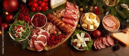 Decorative Christmas table featuring a variety of deli meats, cheese, salad, and vegetables.