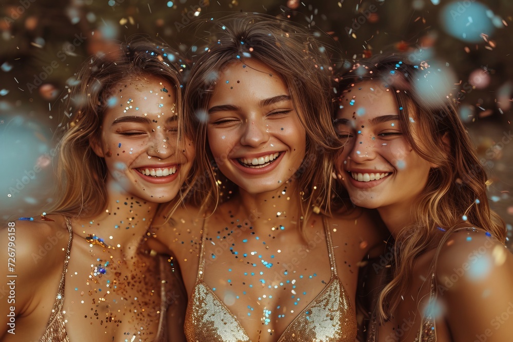 A joyful group of women celebrate together, their faces adorned with confetti and bright smiles, showcasing their individual styles through their clothing A joyful group of women celebrate together, their faces adorned with confetti and bright smiles, showcasing their individual styles through their clothing