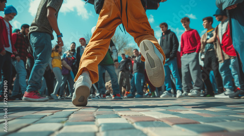 Street dance. Guy is breakdancing on street among people. Bottom view.