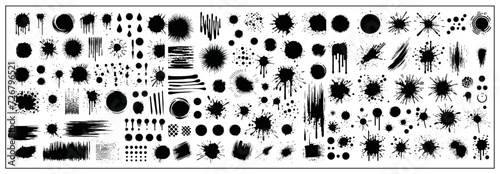A collection of spots and stains. Black ink stains and dirt spots scattered with isolated drops and spots. Urban street style ink blots  dots or lines. Isolated vector illustration 