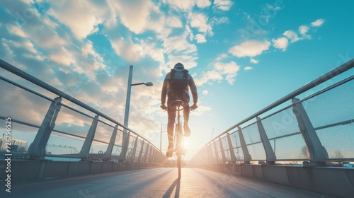 a man cycling to work with the sun shining down photo