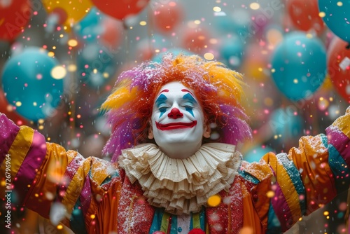 A festive clown with vibrant hair and a ruffled collar brings christmas cheer to the festival