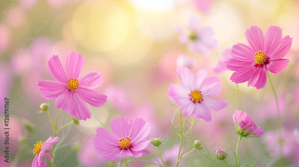 Cosmos flowers blooming in the morning with sunlight in the background