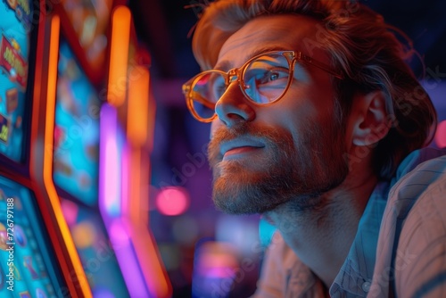 A bearded man gazes up at the screen, his glasses reflecting the glow of the digital world as he contemplates the ever-evolving nature of humanity