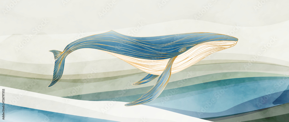 Art background with a whale in the waves of the sea or ocean in a ...