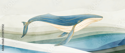 Art background with a whale in the waves of the sea or ocean in a watercolor style. Hand drawn vector banner in pastel colors for decoration, print, textile, wallpaper, interior design, poster.