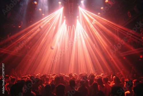 A pulsing sea of bodies enveloped in the electrifying glow of laser lights  swaying to the rhythm of the music on the stage at a raucous concert event
