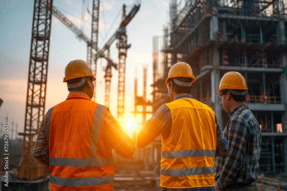 A team of construction engineers talks to managers and construction workers at the construction site. Quality inspection, work plan, home and industrial building design project. A team of construction engineers talks to managers and construction workers at the construction site. Quality inspection, work plan, home and industrial building design project.