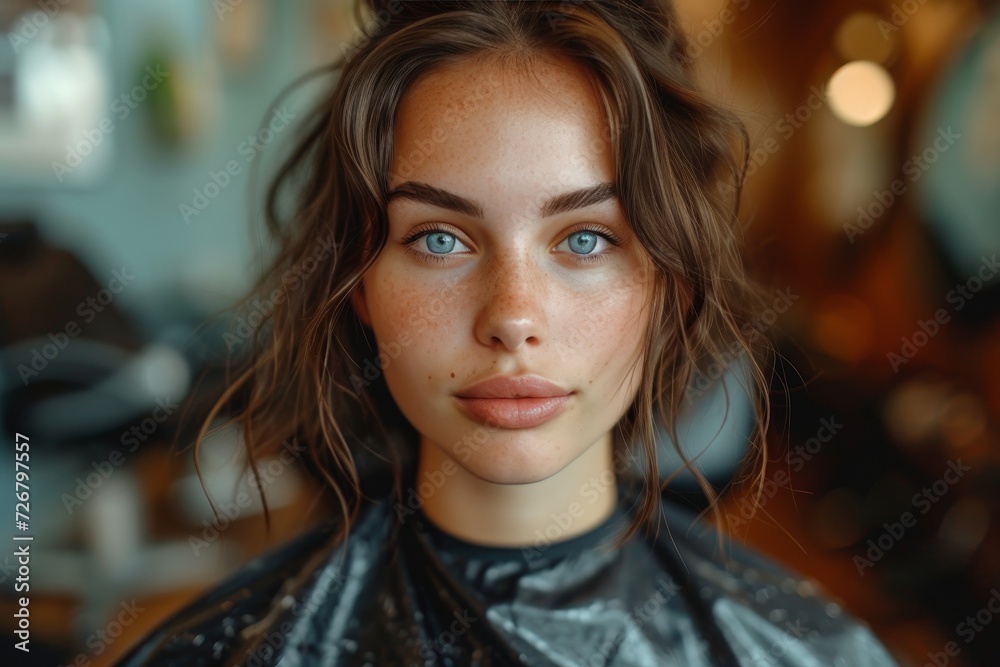A stunning portrait of a fashion-forward lady with a strikingly beautiful face adorned with freckles, piercing blue eyes, and luscious long brown hair, perfectly framed by her carefully styled eyebro