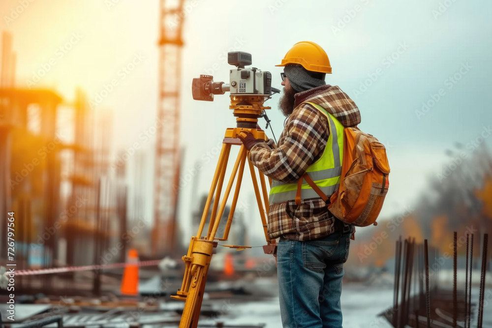 Surveyor builder Engineer with theodolite transit equipment at construction site outdoors during surveying work Surveyor builder Engineer with theodolite transit equipment at construction site outdoors during surveying work