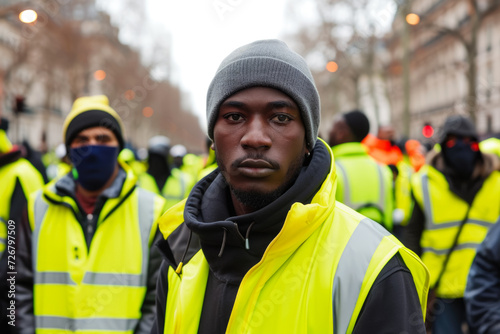 Migrants in yellow vests protesting on the streets, with a look of determination on their faces.
