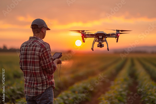 A young farmer is controlling a drone to spray herbicides in his fields, with beautiful evening sun.