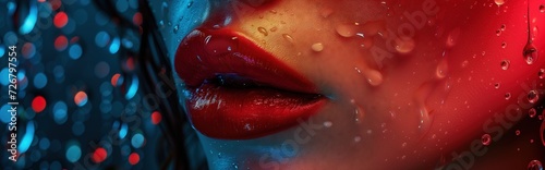 Close-Up of a Womans Red Lips With Bokeh Lights in the Background at Night. profile view of a womans lips colored with red lipstick, set against a backdrop of shimmering bokeh lights.