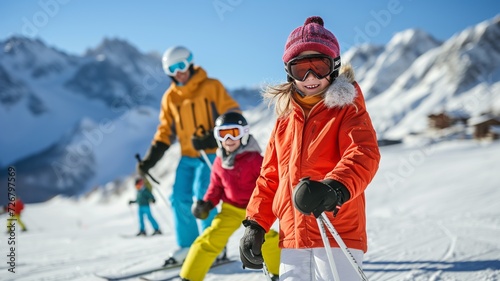 child and father skiing