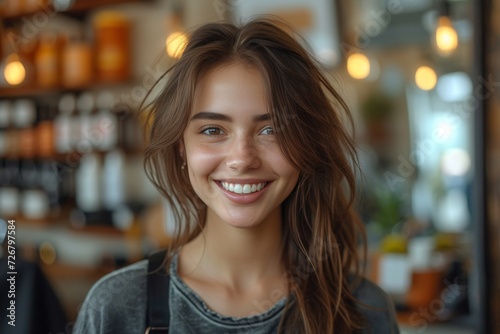 Wallpaper Mural A joyful woman with layered brown hair stands in front of a building, radiating warmth and happiness as she smiles brightly for the camera Torontodigital.ca