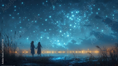 A constellation in the night sky forming the shape of women holding hands, under the theme