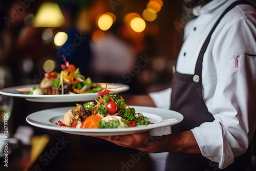 waiter carrying plates with meat and vegetables dish in restaurant , celebration event ,Restaurant serving , wedding , festive event, party ,blur background, . Close Up of food stylish photo