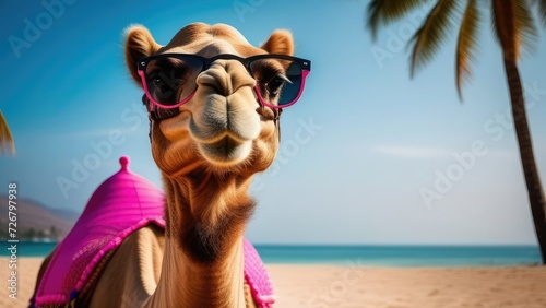 Camel in pink glasses and clothes on the beach against the backdrop of the sea and palm trees close-up.Vacation concept © Katerina