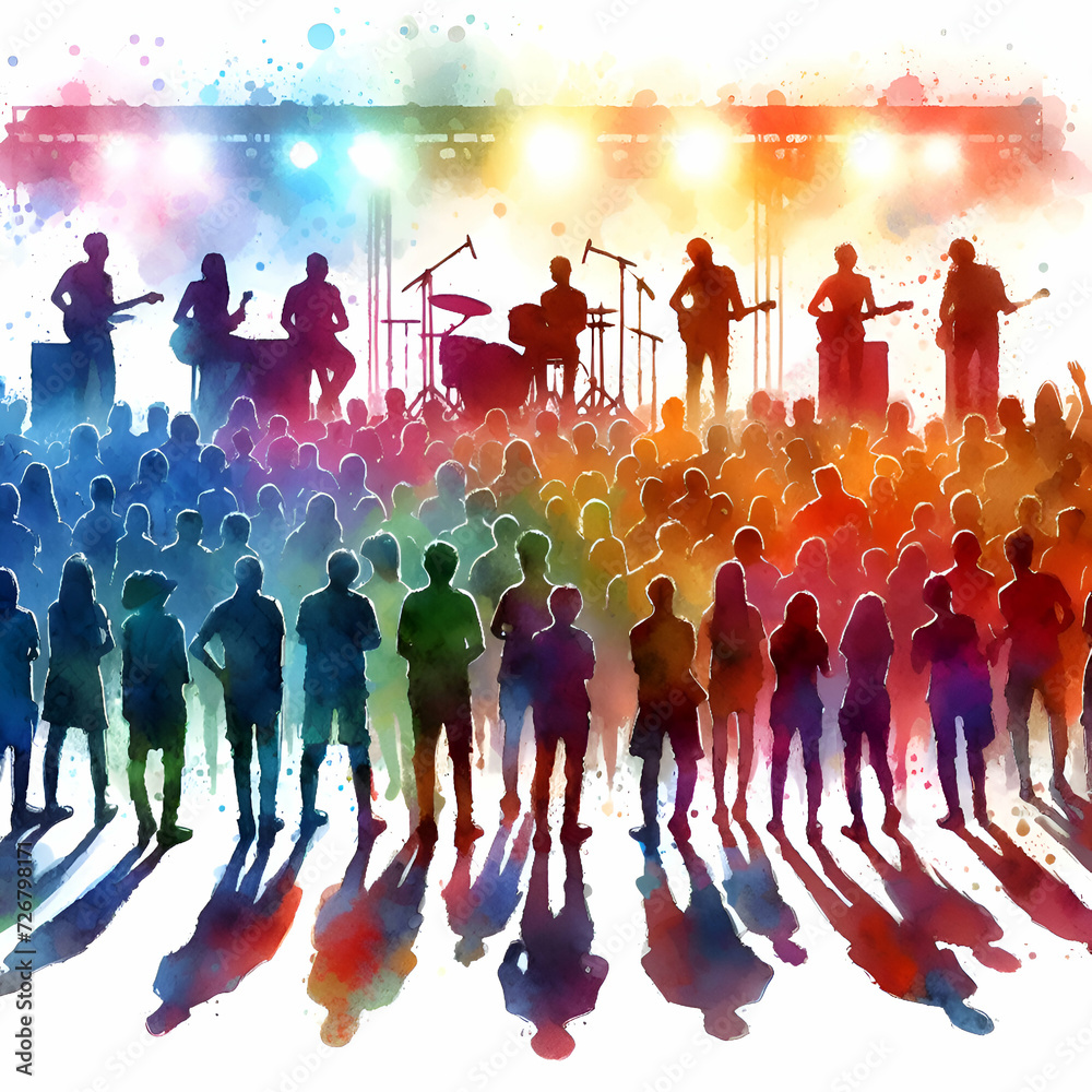 Multicolored Crowd, a Row of Silhouettes of People Drawing Watercolor Style