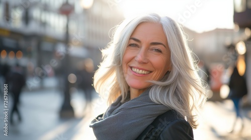 Attractive smiling white haired mature woman posing in a city street looking at the camera