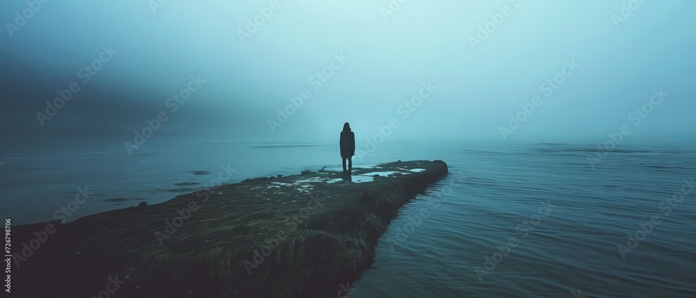 silhouette of a person in the fog - obrazy, fototapety, plakaty 