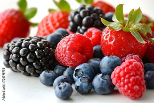 Assorted berries--strawberries, raspberries, blueberries, and blackberries a clean, white background generative ai
