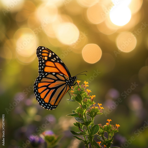 Monarch Butterfly on Wildflower at Sunset