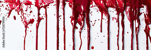 Red blood paint  dripping down top of a white background