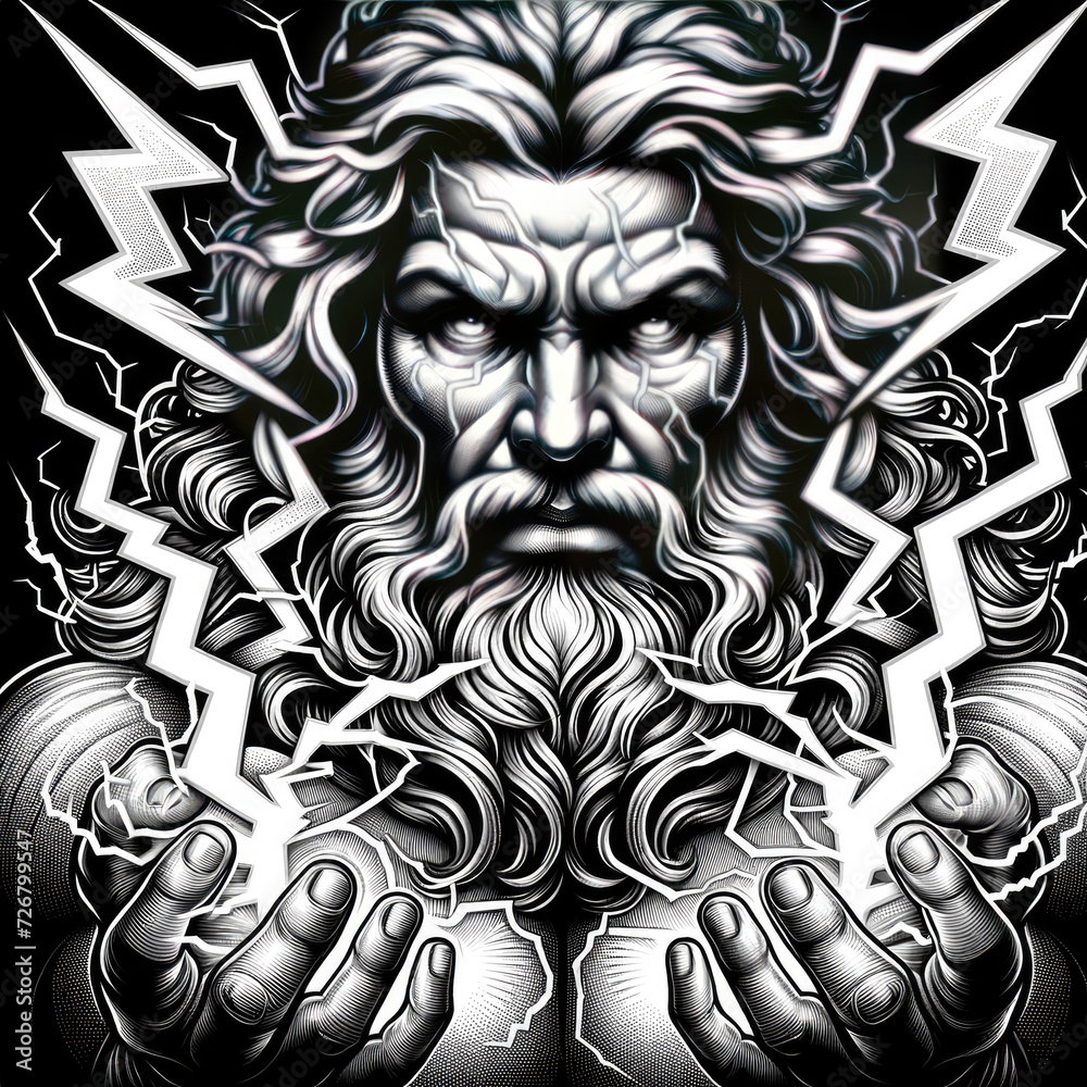 angry greek god tattoo decal with lightning, hammer, smoke