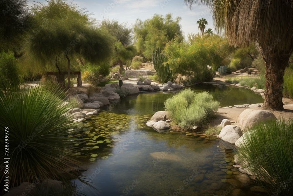 A peaceful oasis with abundant vegetation and a flowing stream, offering respite from the desert's scorching temperatures. Generative AI