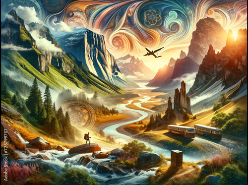 Breathtaking landscape, adventure and exploration with rugged mountains, deep valleys, and flowing rivers. Inspires freedom and the allure of the unknown, inviting discover new horizons. Generative AI © Creative Catalog