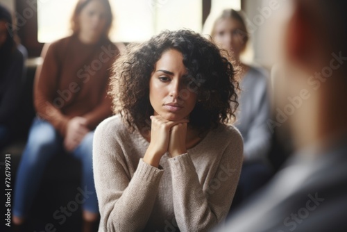 Sad depressed woman at support group meeting. therapy, health, mental health, mental problems