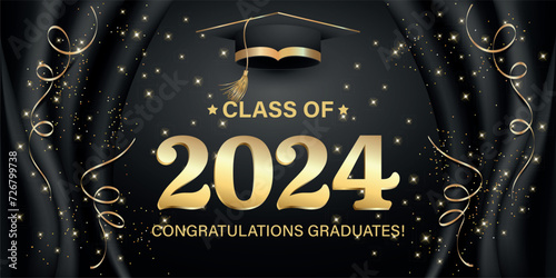 Vector illustration. Class of 2024 badge design template in black and gold colors. Congratulations graduates 2024 banner sticker card with academic hat for high school or college graduation photo