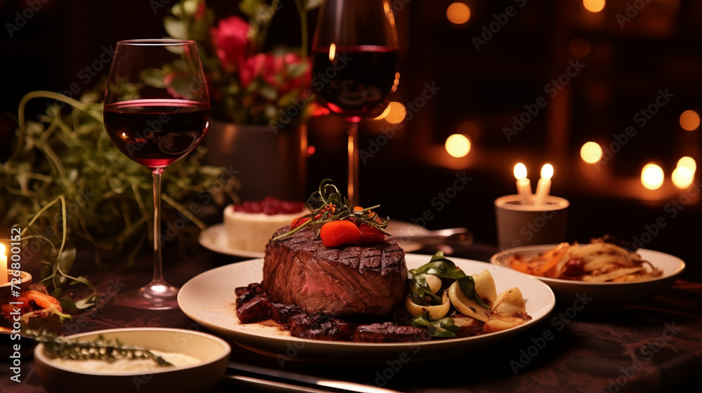 A Portrait of a juicy Tenderloin Steak next to sides, WIne on the Table. Cozy and warm atmosphere.