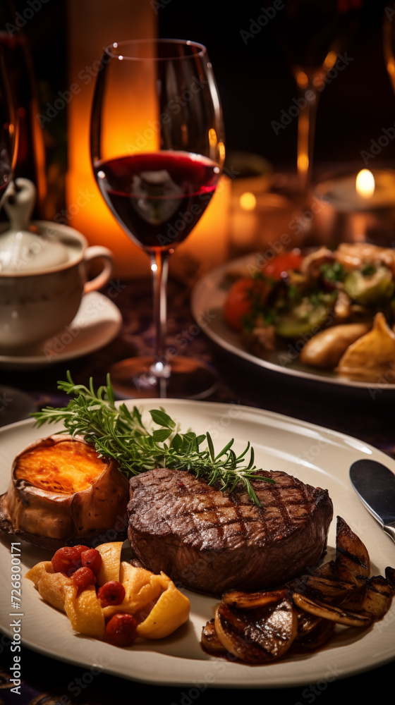 A Portrait of a juicy Tenderloin Steak next to sides, WIne on the Table. Cozy and warm atmosphere